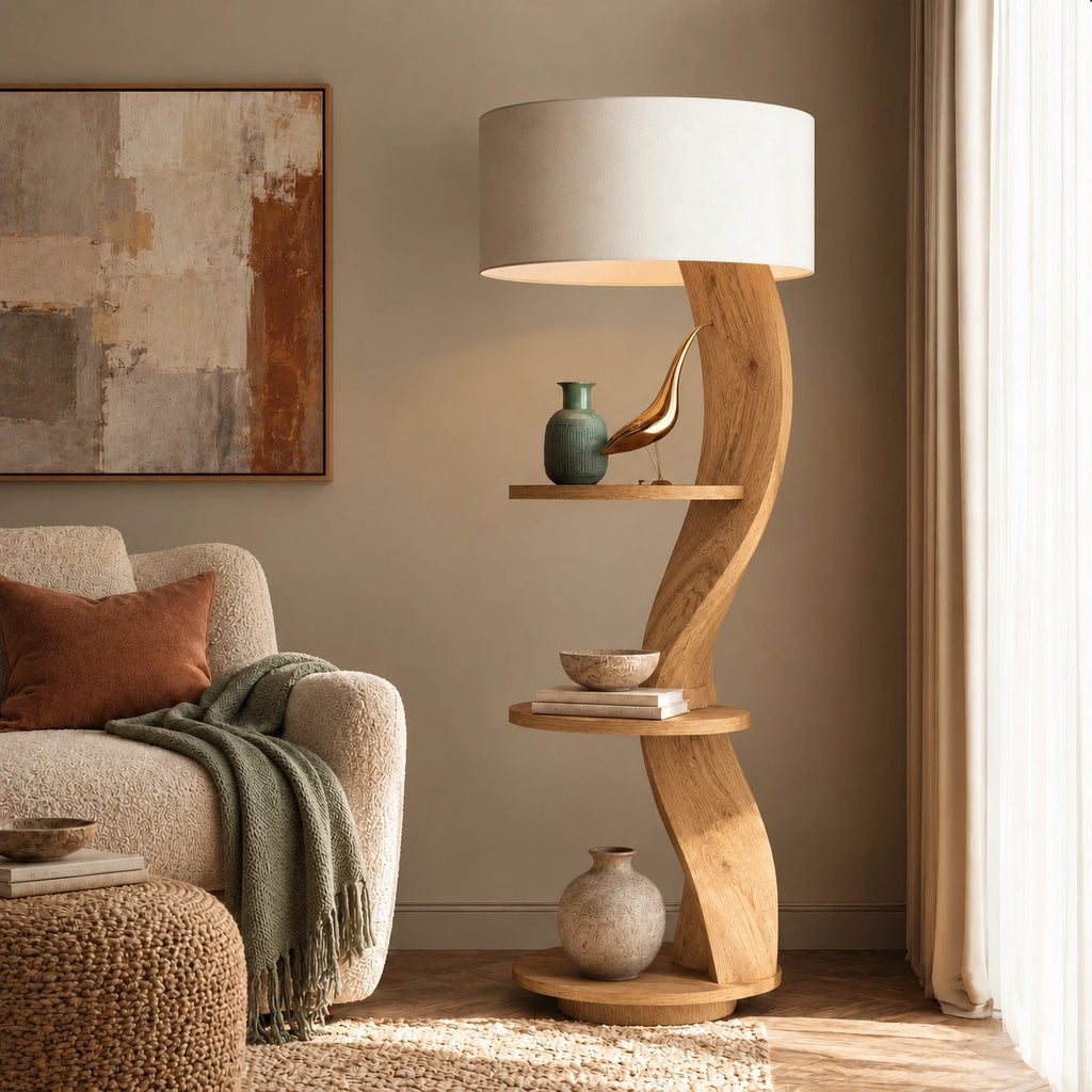 Organic Curved Wood Floor Lamp With Display Shelves For Living Room