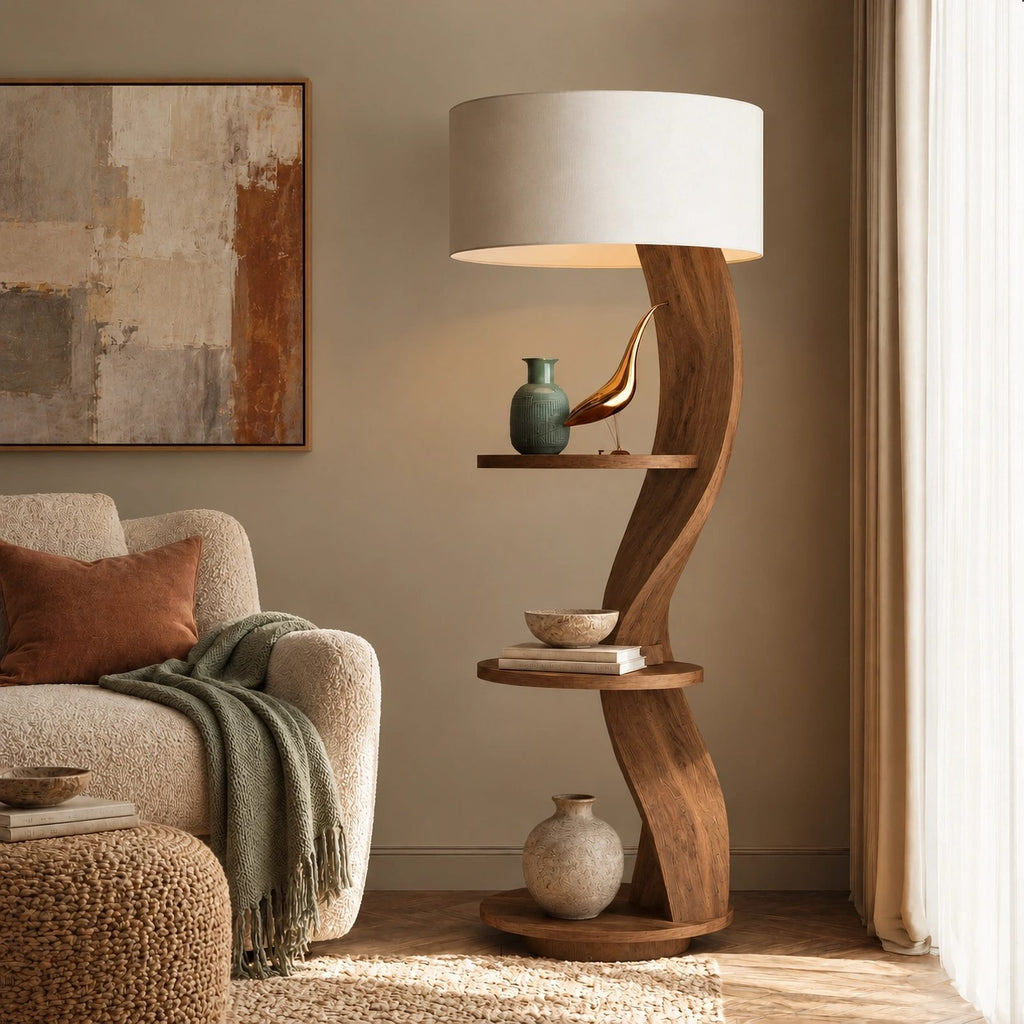 Organic Curved Wood Floor Lamp With Display Shelves For Living Room