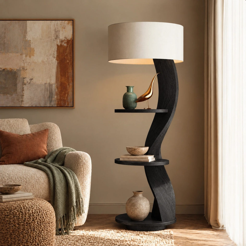 Organic Curved Wood Floor Lamp With Display Shelves For Living Room