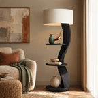 Organic Curved Wood Floor Lamp With Display Shelves For Living Room