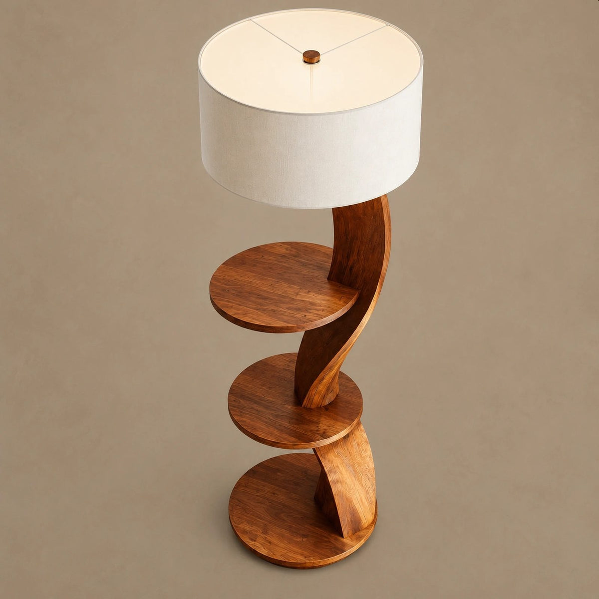 Organic Curved Wood Floor Lamp With Display Shelves For Living Room