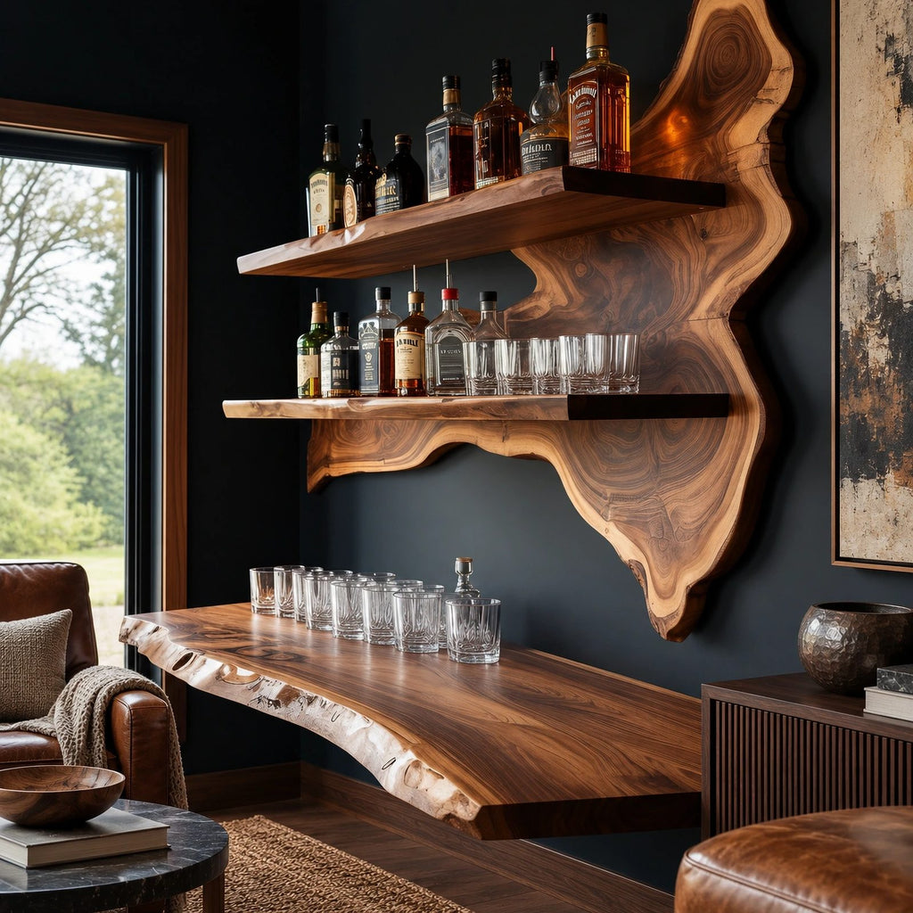 Rustic Live Edge Floating Wine Shelf With Glass Holders For Dining Room