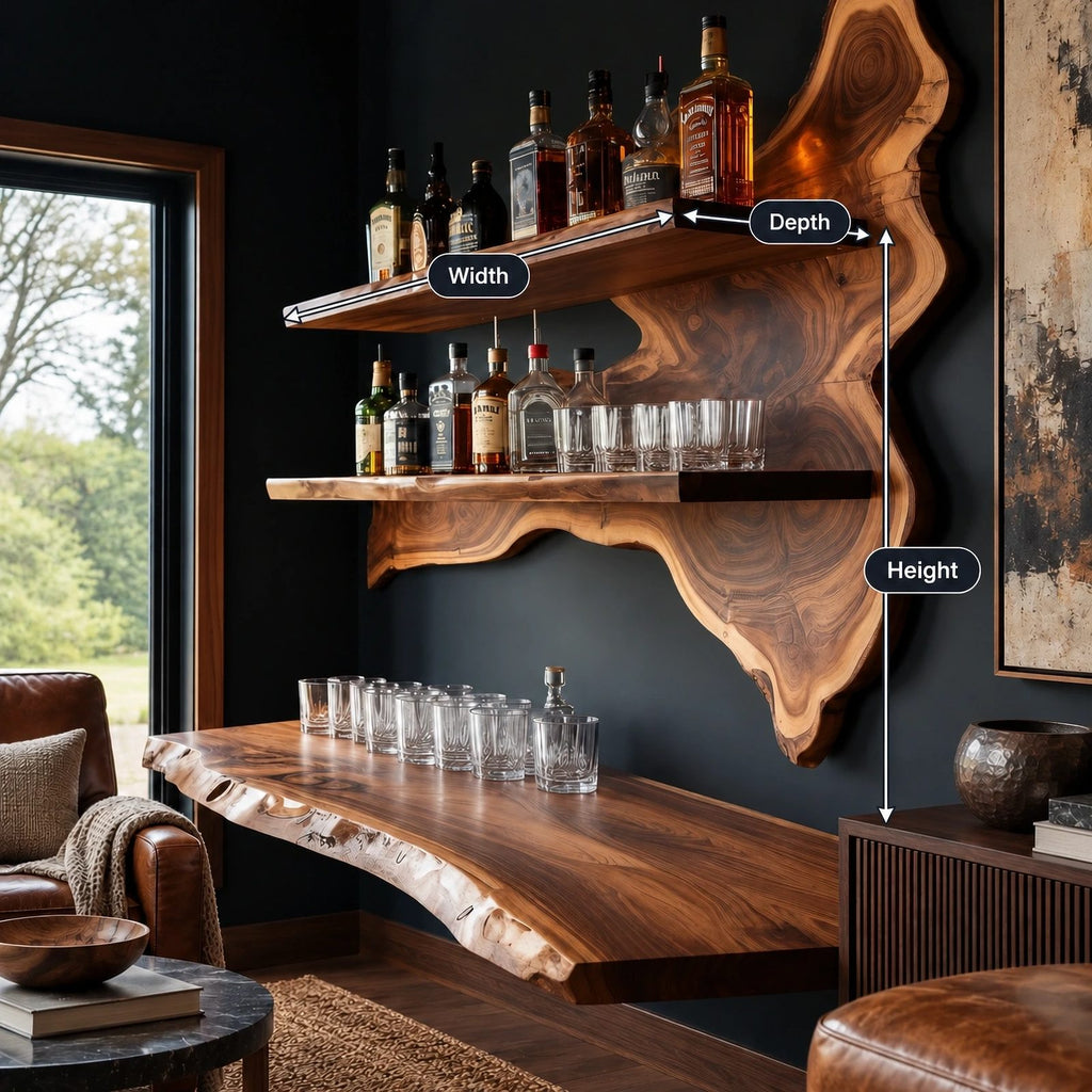 Rustic Live Edge Floating Wine Shelf With Glass Holders For Dining Room