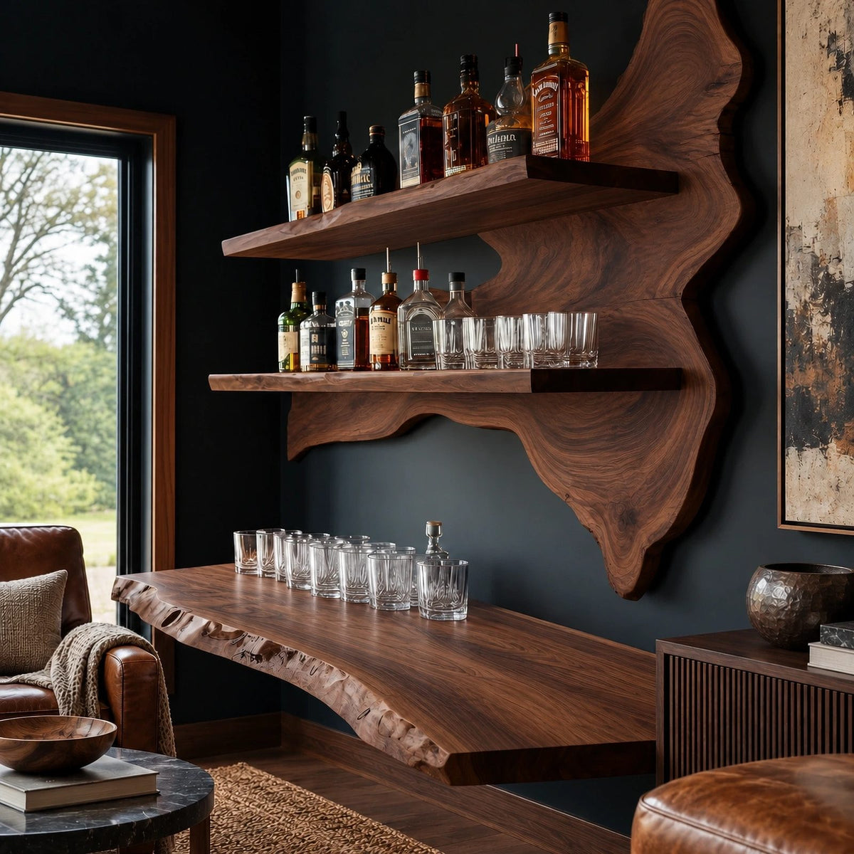 Rustic Live Edge Floating Wine Shelf With Glass Holders For Dining Room