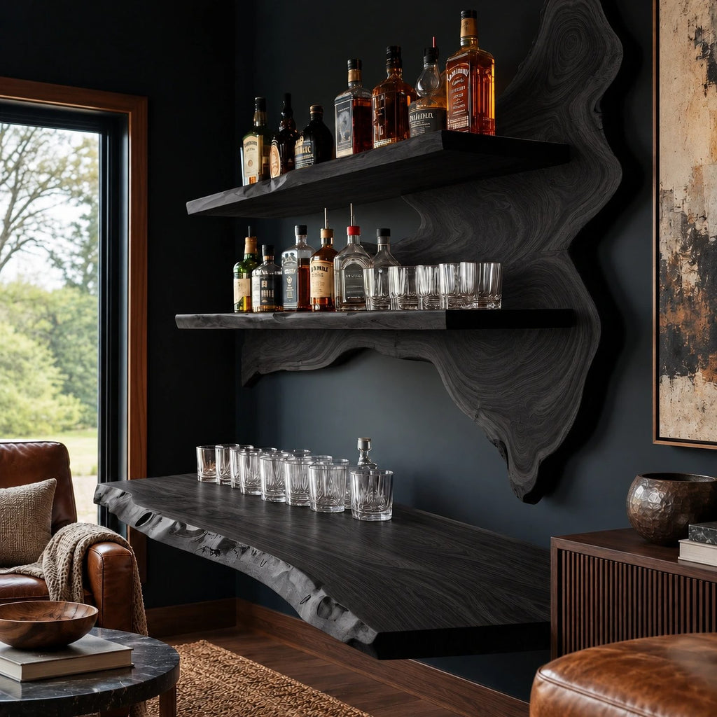 Rustic Live Edge Floating Wine Shelf With Glass Holders For Dining Room