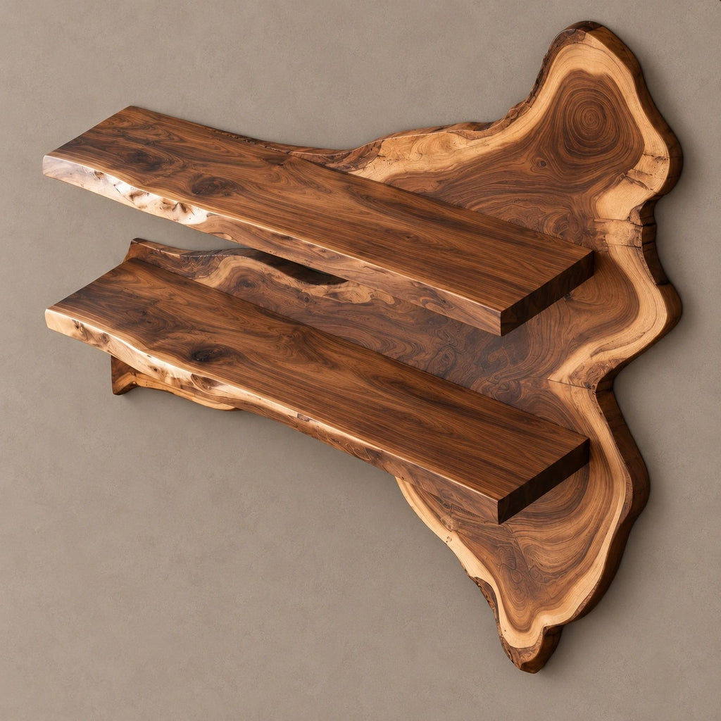 Rustic Live Edge Floating Wine Shelf With Glass Holders For Dining Room