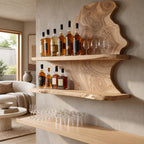 Farmhouse Live Edge Wood Wine Shelf With Stemware Glass Rail For Kitchen