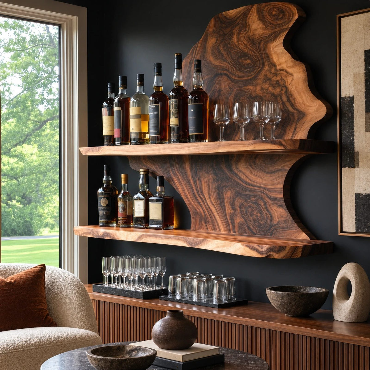 Farmhouse Live Edge Wood Wine Shelf With Stemware Glass Rail For Kitchen