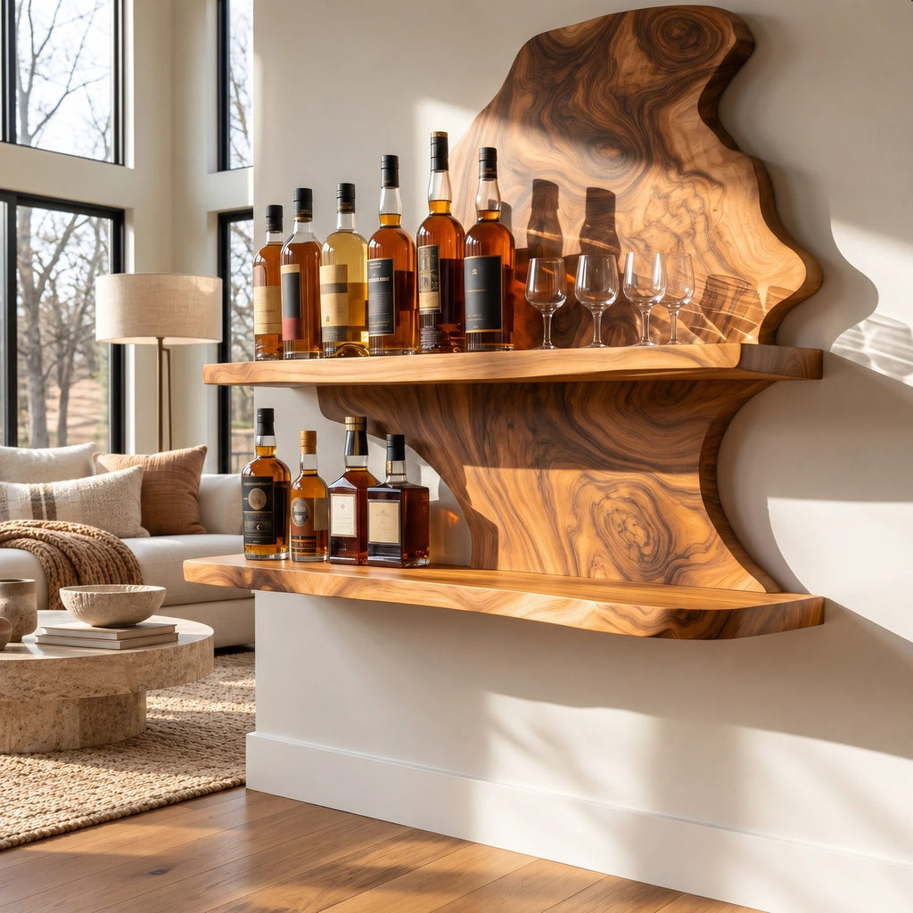 Farmhouse Live Edge Wood Wine Shelf With Stemware Glass Rail For Kitchen