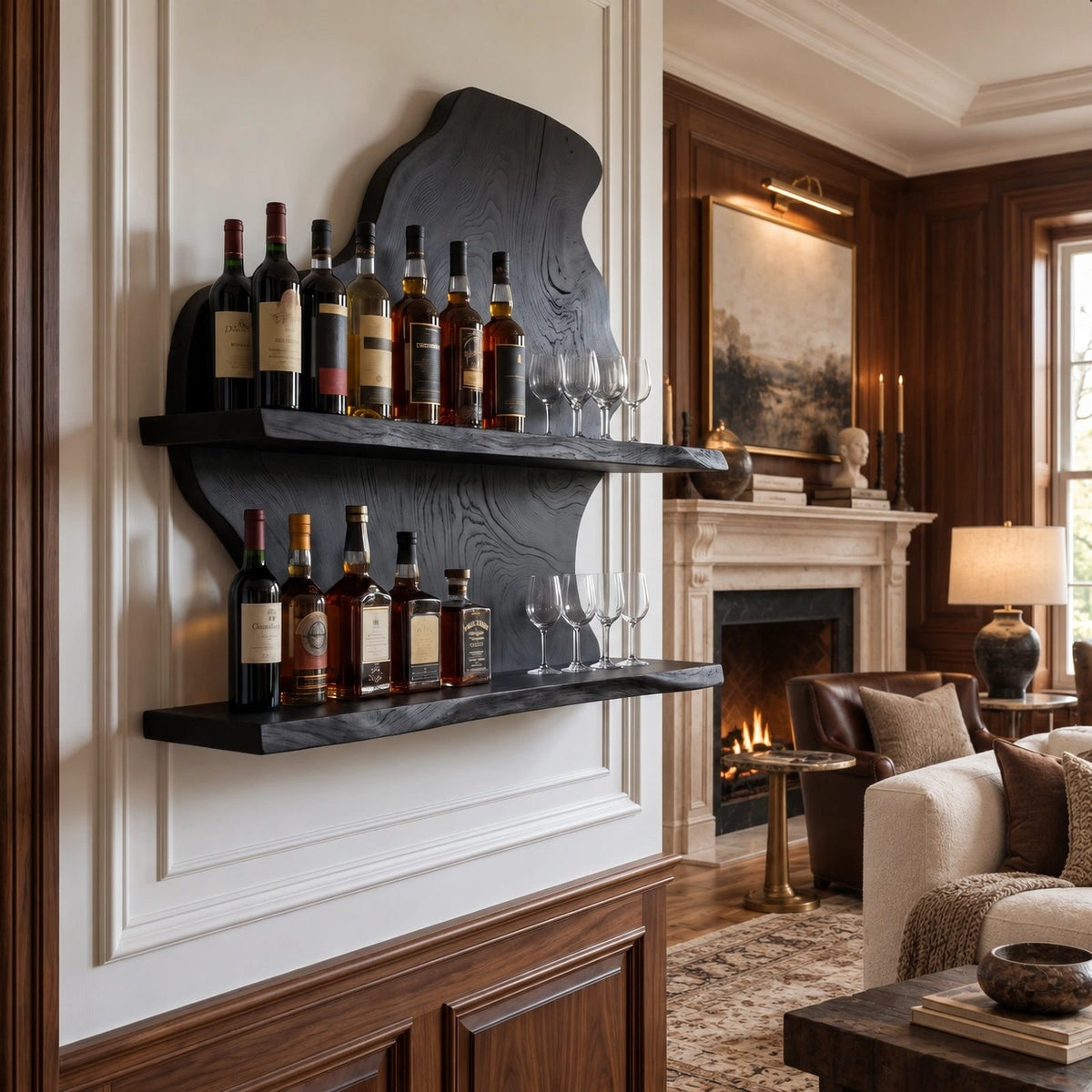 Farmhouse Live Edge Wood Wine Shelf With Stemware Glass Rail For Kitchen