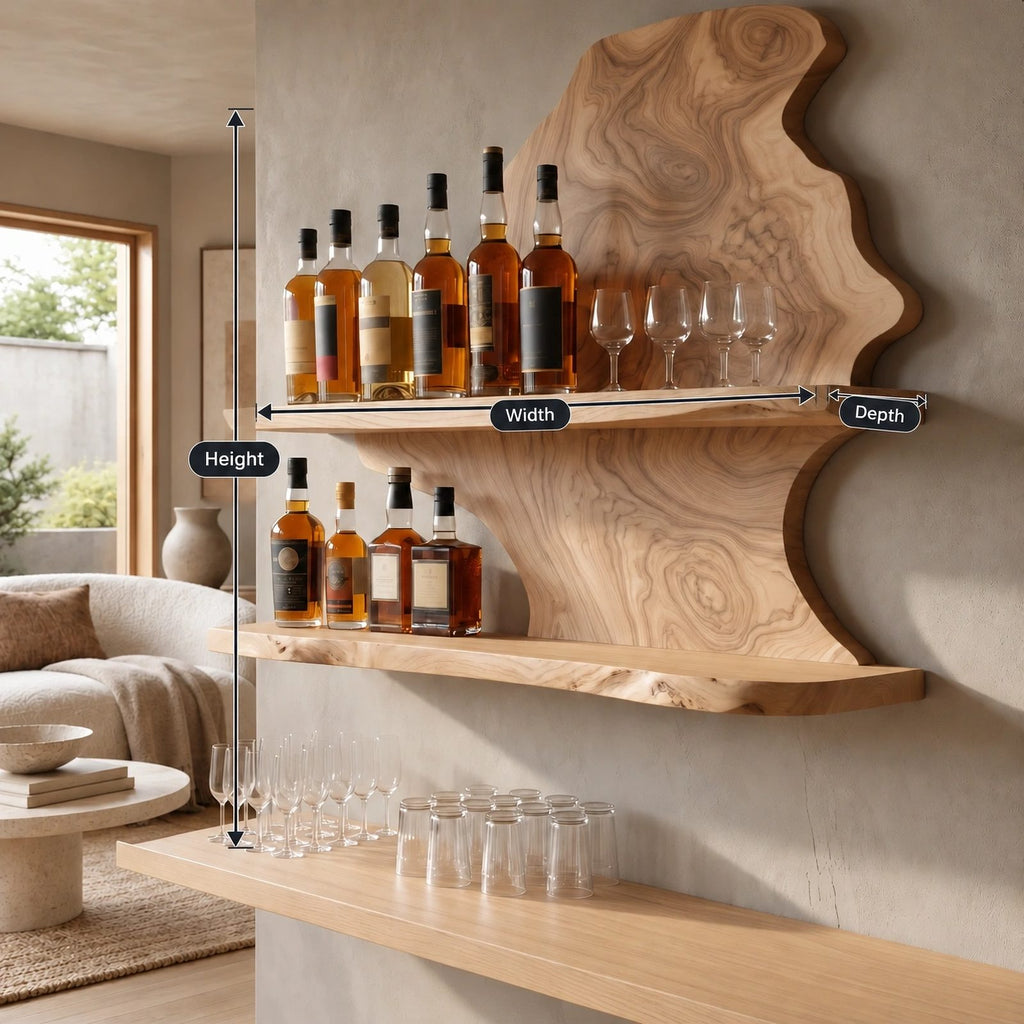 Farmhouse Live Edge Wood Wine Shelf With Stemware Glass Rail For Kitchen