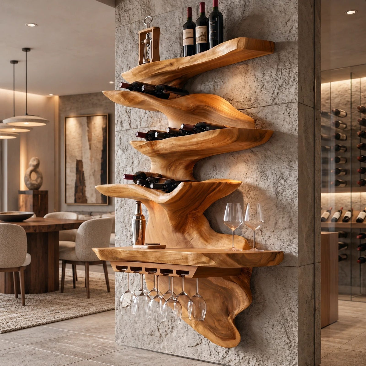 Sculptural Cascading Wood Wine Rack With Stacked Shelves For Dining Room