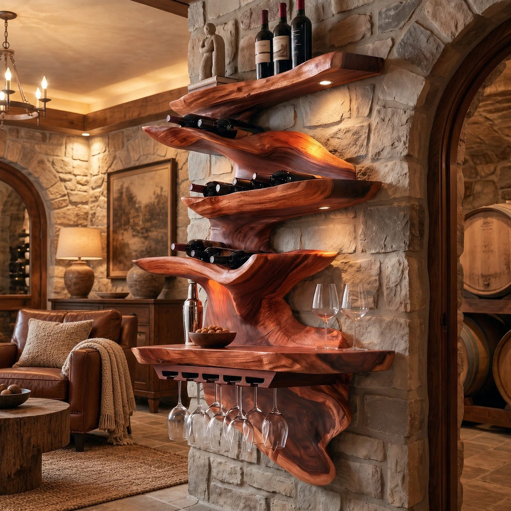Sculptural Cascading Wood Wine Rack With Stacked Shelves For Dining Room