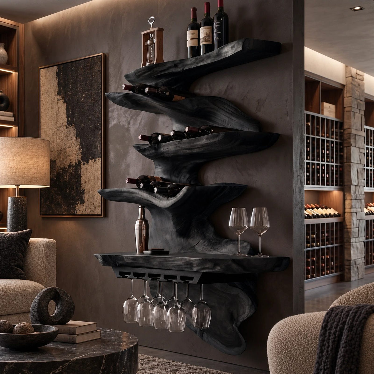 Sculptural Cascading Wood Wine Rack With Stacked Shelves For Dining Room