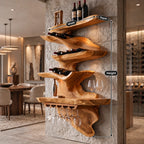 Sculptural Cascading Wood Wine Rack With Stacked Shelves For Dining Room