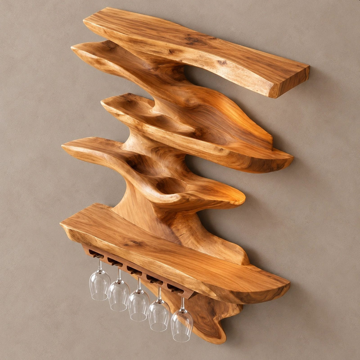 Sculptural Cascading Wood Wine Rack With Stacked Shelves For Dining Room