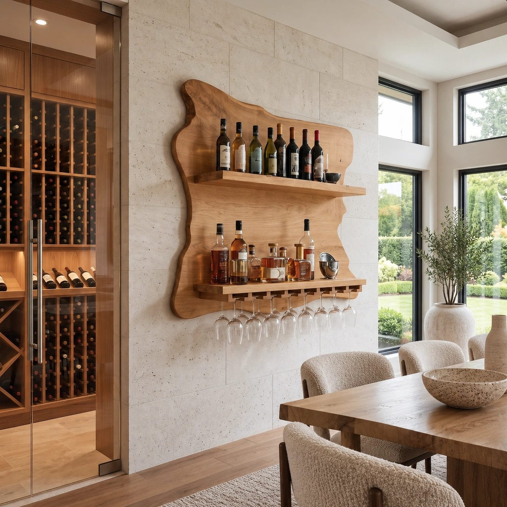 Coastal Live Edge Wine Shelf With Hanging Glass Rail For Home Bar