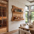 Coastal Live Edge Wine Shelf With Hanging Glass Rail For Home Bar