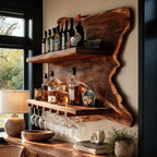 Coastal Live Edge Wine Shelf With Hanging Glass Rail For Home Bar