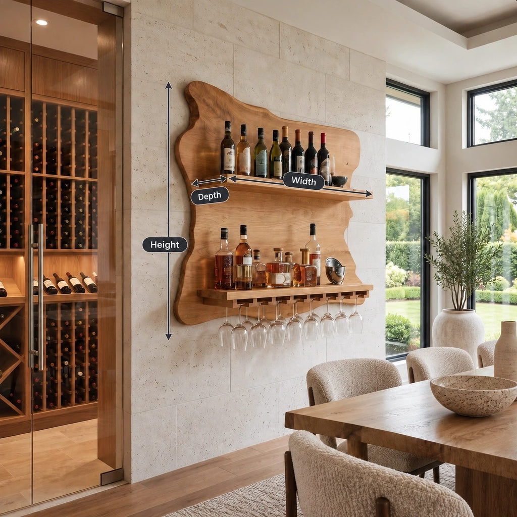 Coastal Live Edge Wine Shelf With Hanging Glass Rail For Home Bar