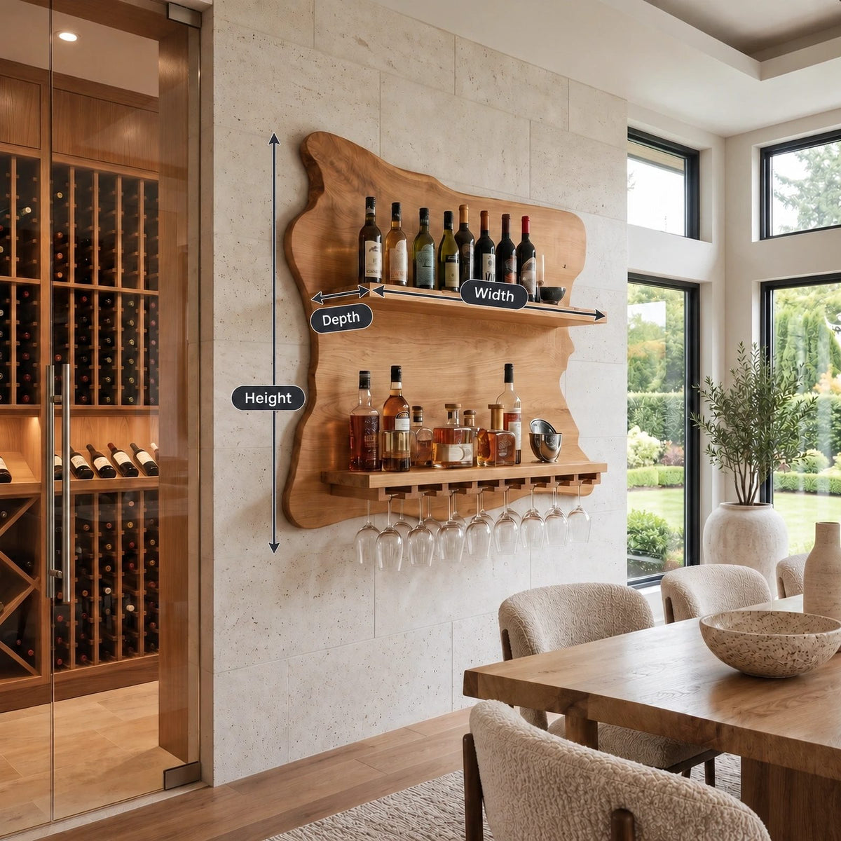 Coastal Live Edge Wine Shelf With Hanging Glass Rail For Home Bar