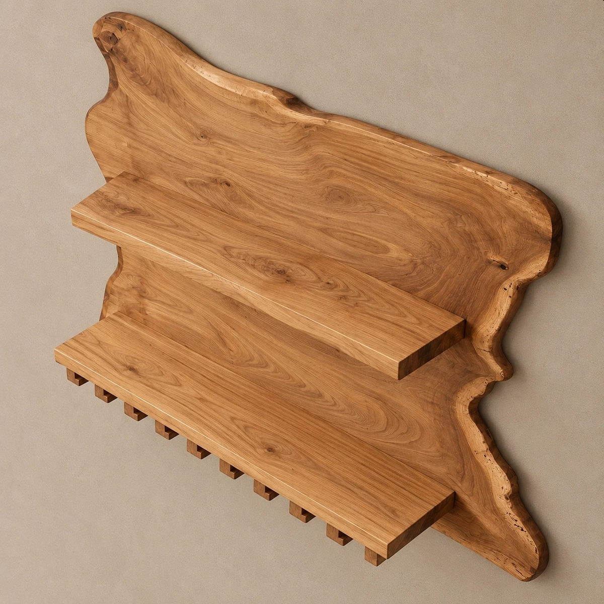 Coastal Live Edge Wine Shelf With Hanging Glass Rail For Home Bar