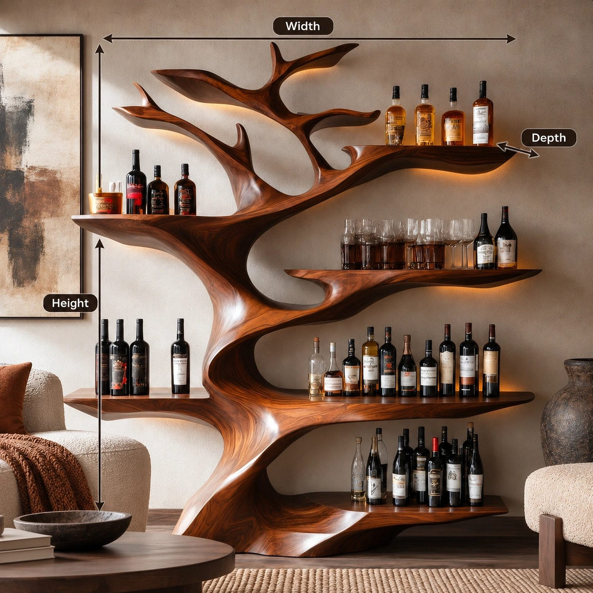 Modern Tree Branch Wood Wine Rack With Tiered Bottle Shelves For Home Bar