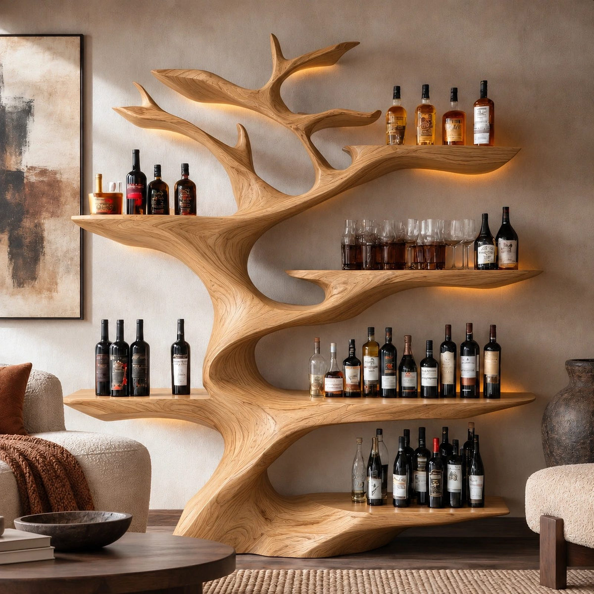 Modern Tree Branch Wood Wine Rack With Tiered Bottle Shelves For Home Bar