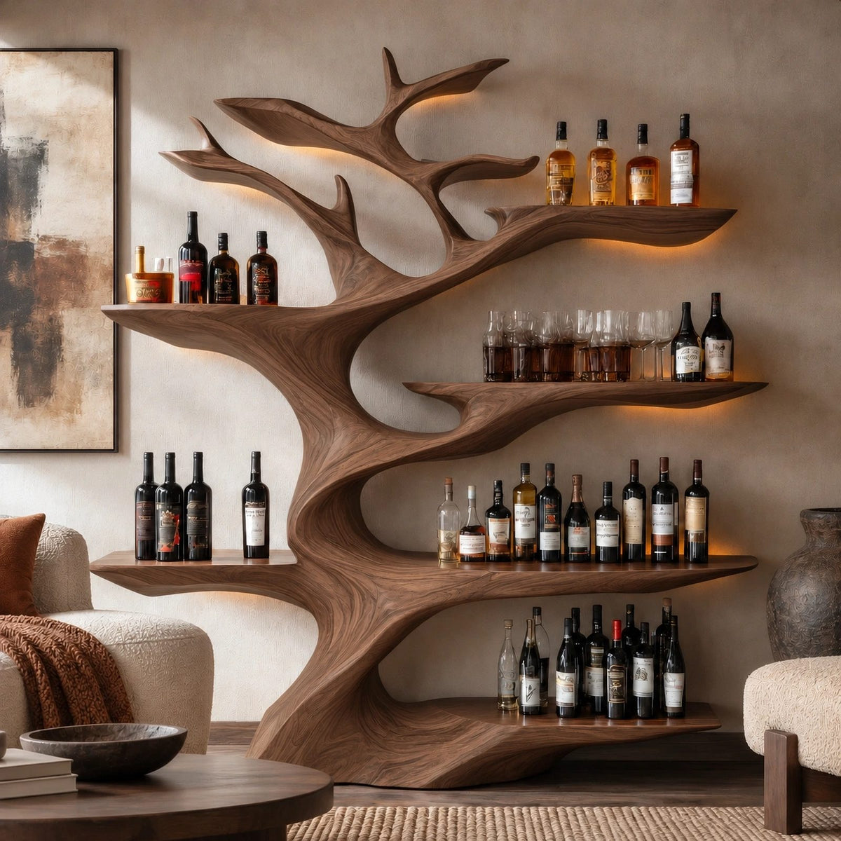 Modern Tree Branch Wood Wine Rack With Tiered Bottle Shelves For Home Bar