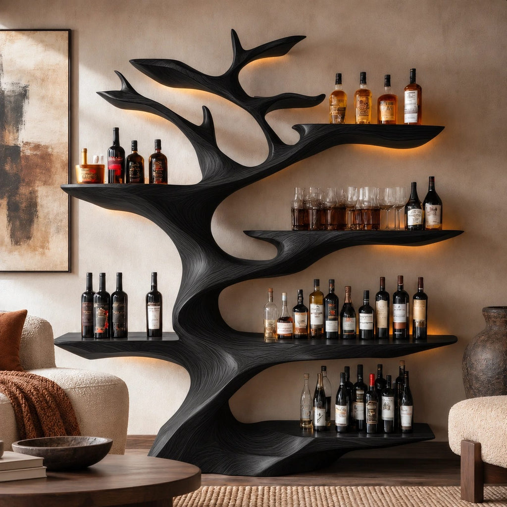 Modern Tree Branch Wood Wine Rack With Tiered Bottle Shelves For Home Bar
