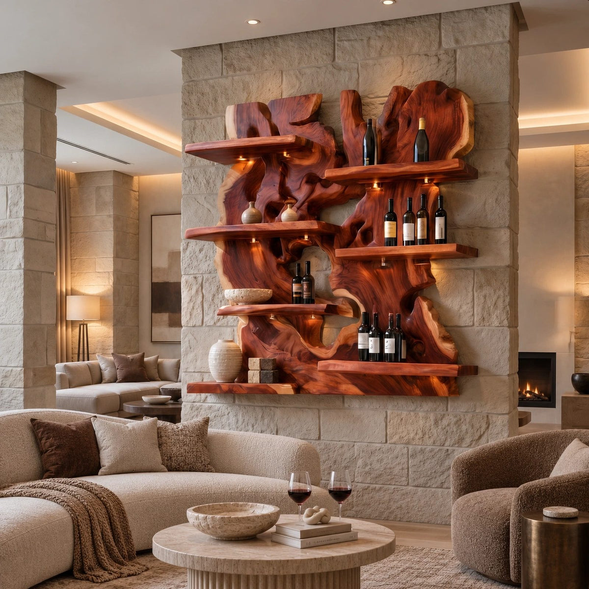 Artisan Staggered Slab Wine Rack With Layered Shelves For Dining Room