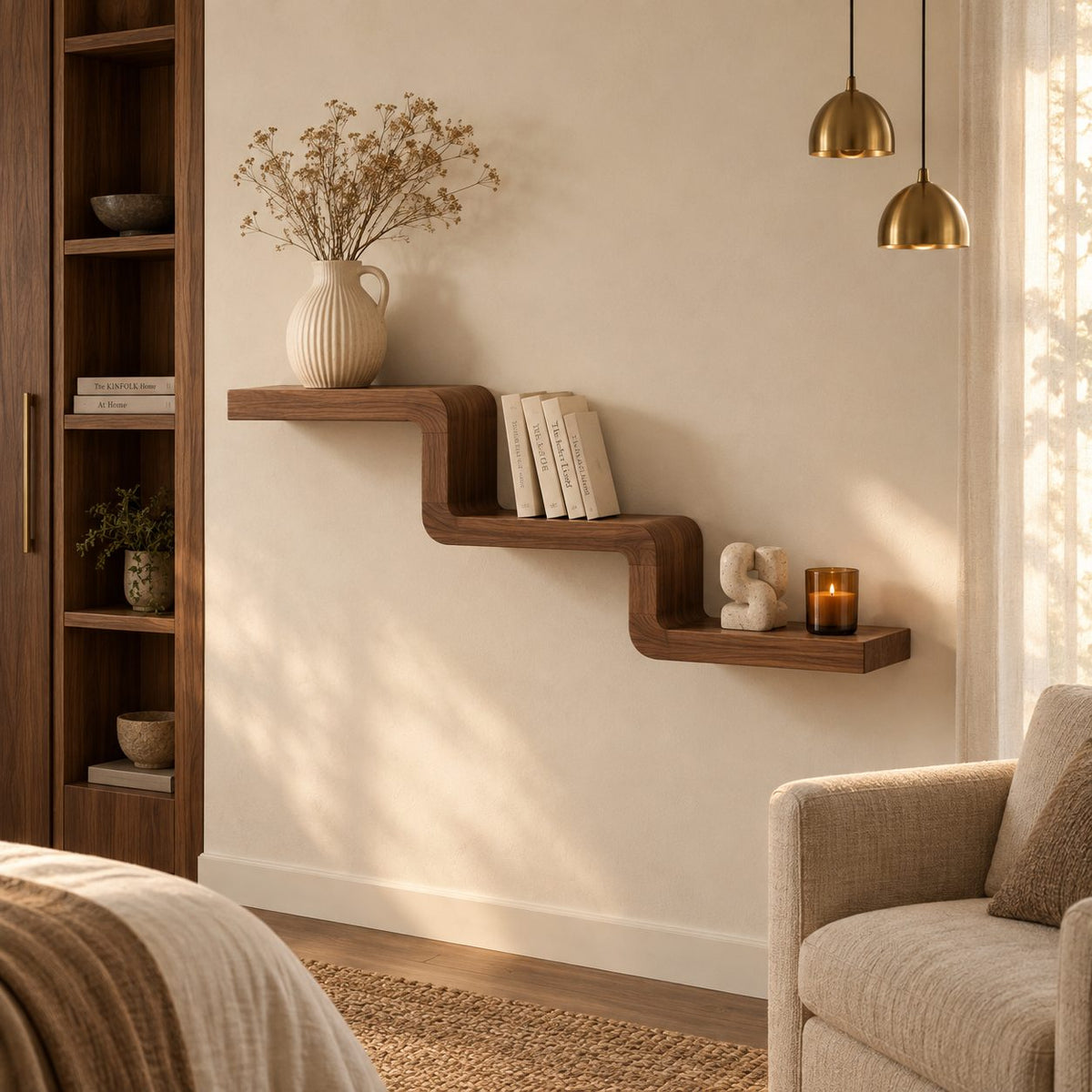 Stepped Wall Shelf, Cascading Bent Wood Floating Shelf, Solid Wood Staircase Display for Living Room