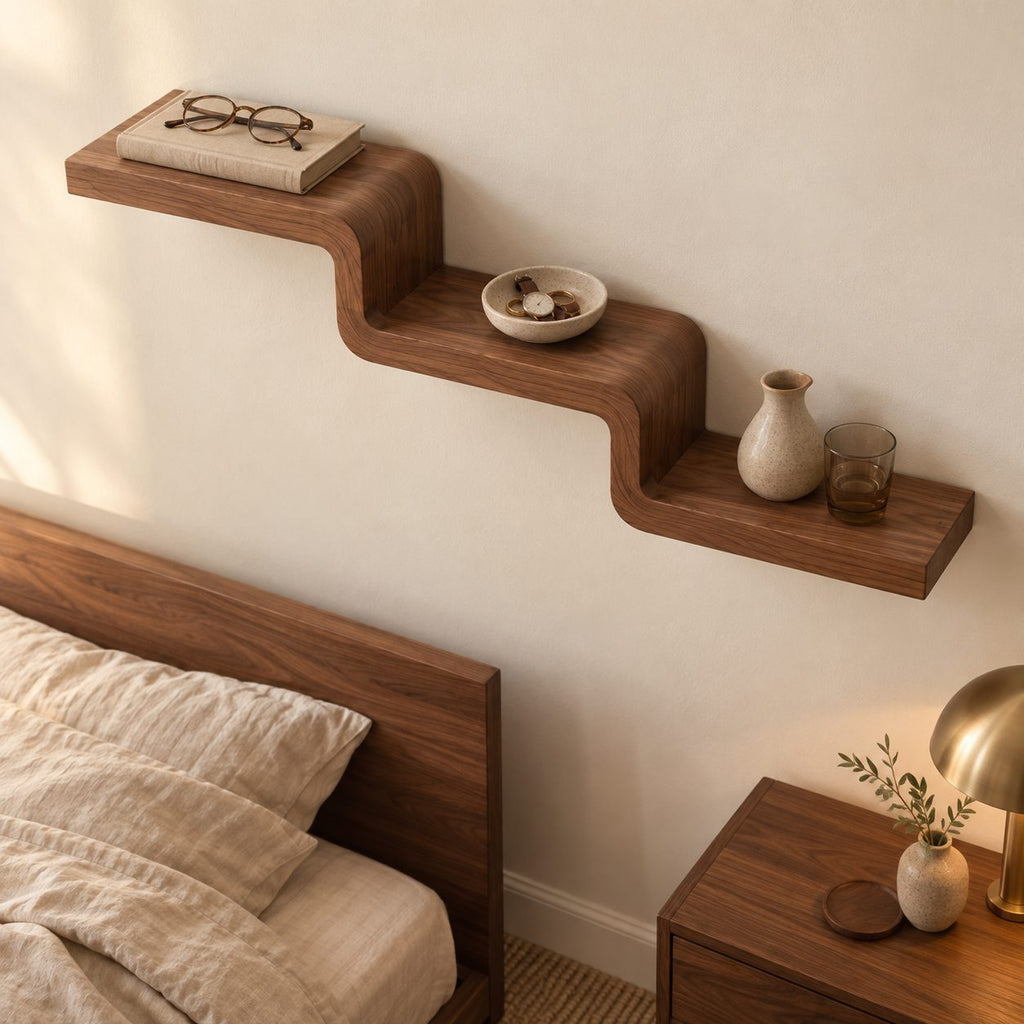Stepped Wall Shelf, Cascading Bent Wood Floating Shelf, Solid Wood Staircase Display for Living Room