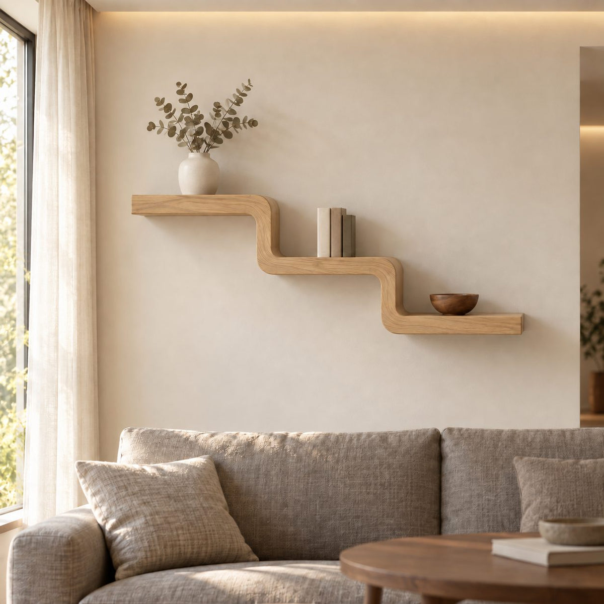 Stepped Wall Shelf, Cascading Bent Wood Floating Shelf, Solid Wood Staircase Display for Living Room