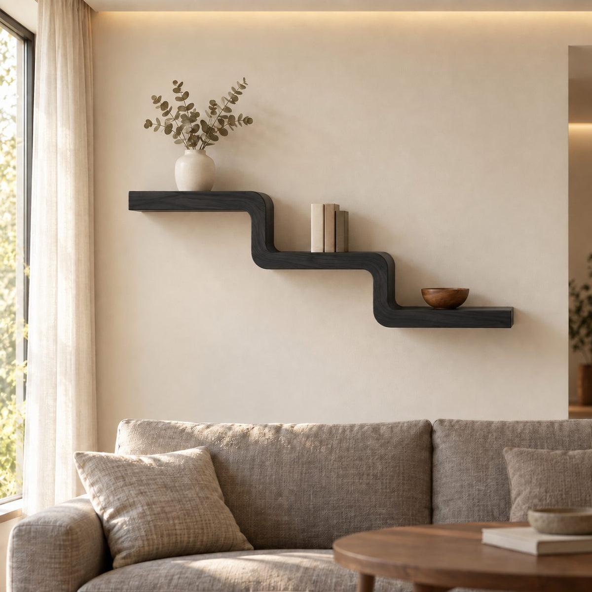 Stepped Wall Shelf, Cascading Bent Wood Floating Shelf, Solid Wood Staircase Display for Living Room