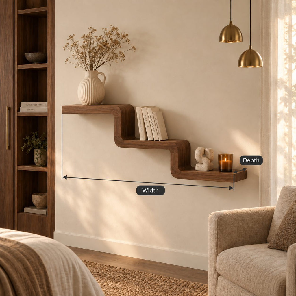 Stepped Wall Shelf, Cascading Bent Wood Floating Shelf, Solid Wood Staircase Display for Living Room