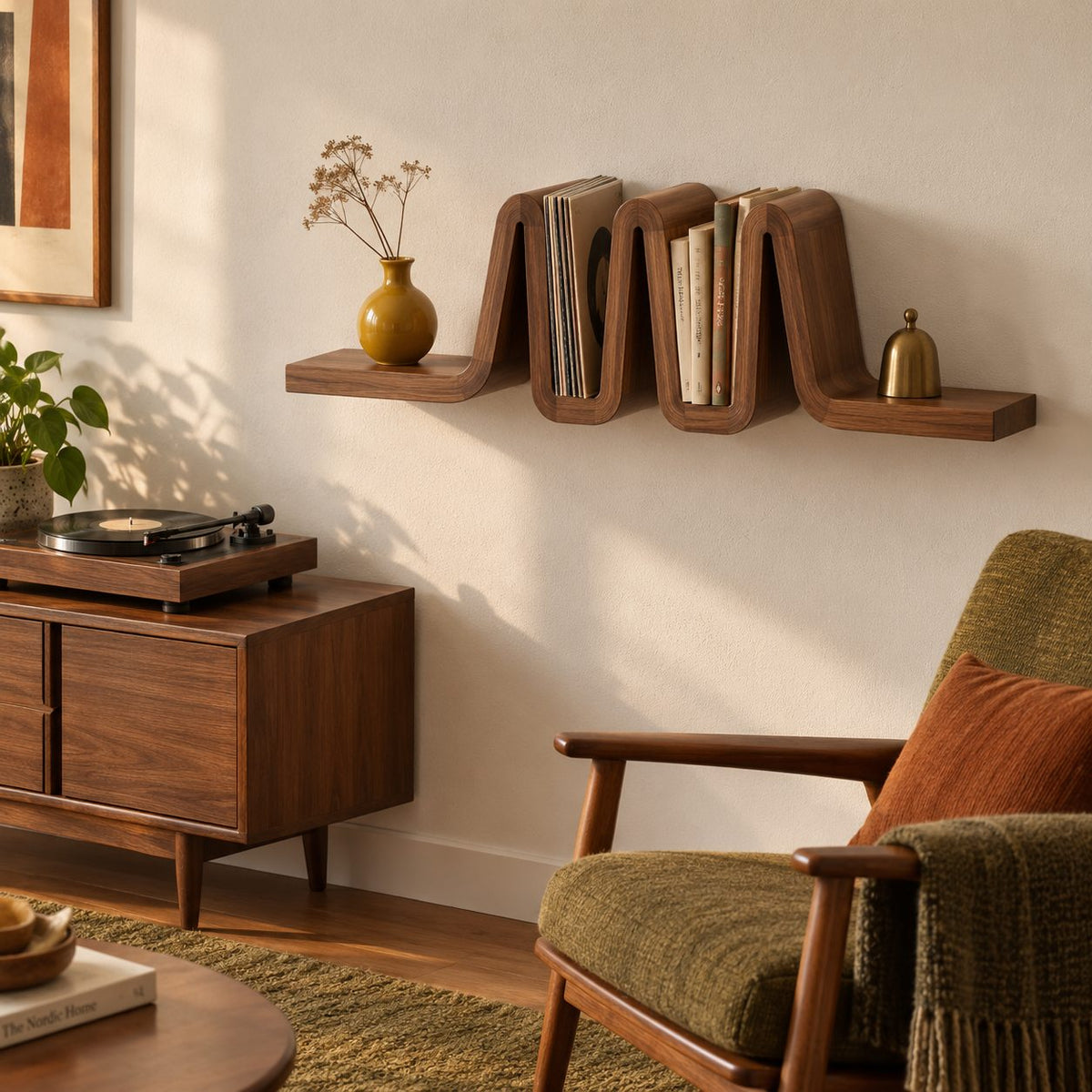 Vinyl Record Wall Shelf, Ribbon Fold Floating Shelf with Book Slots, Solid Wood Mid Century Display