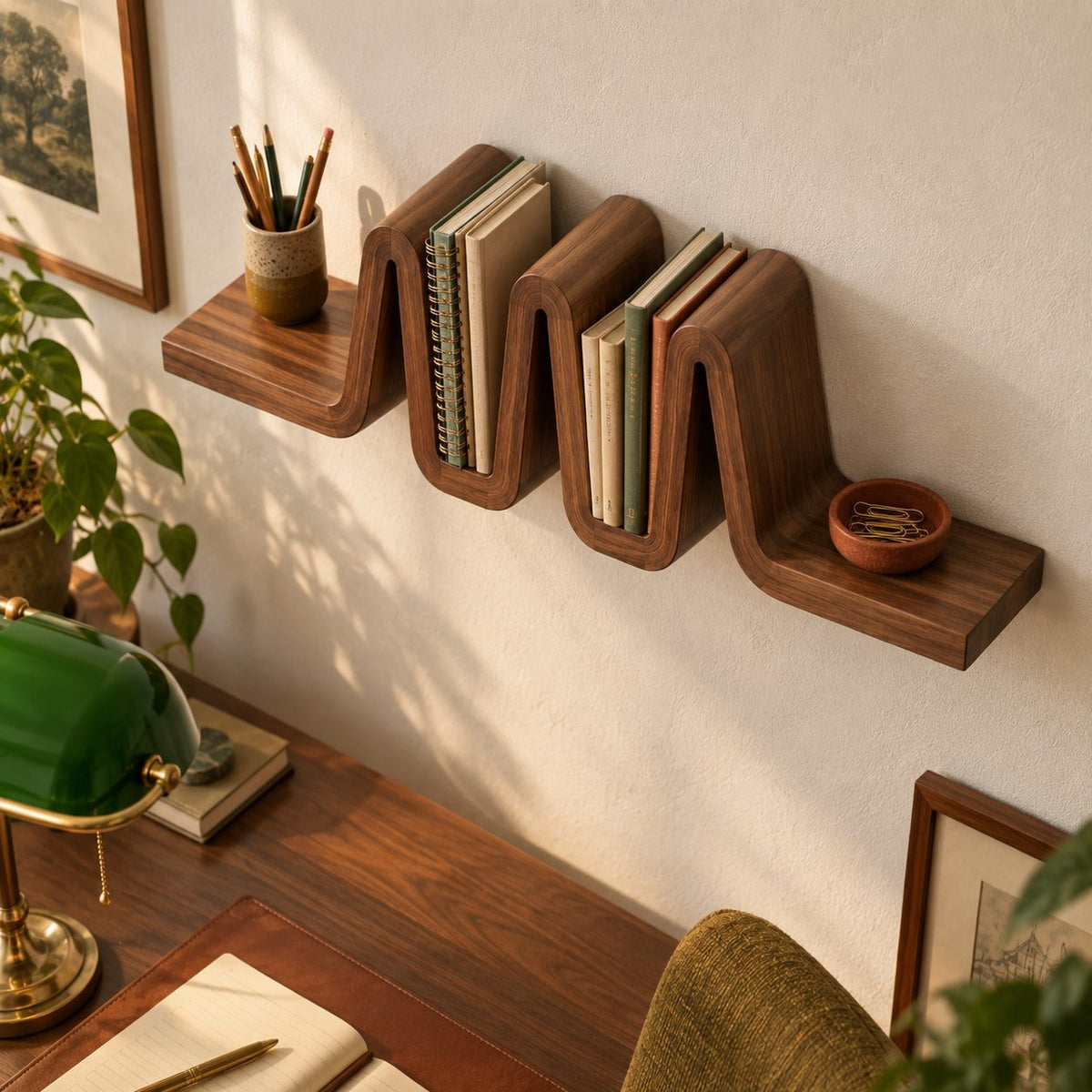 Vinyl Record Wall Shelf, Ribbon Fold Floating Shelf with Book Slots, Solid Wood Mid Century Display