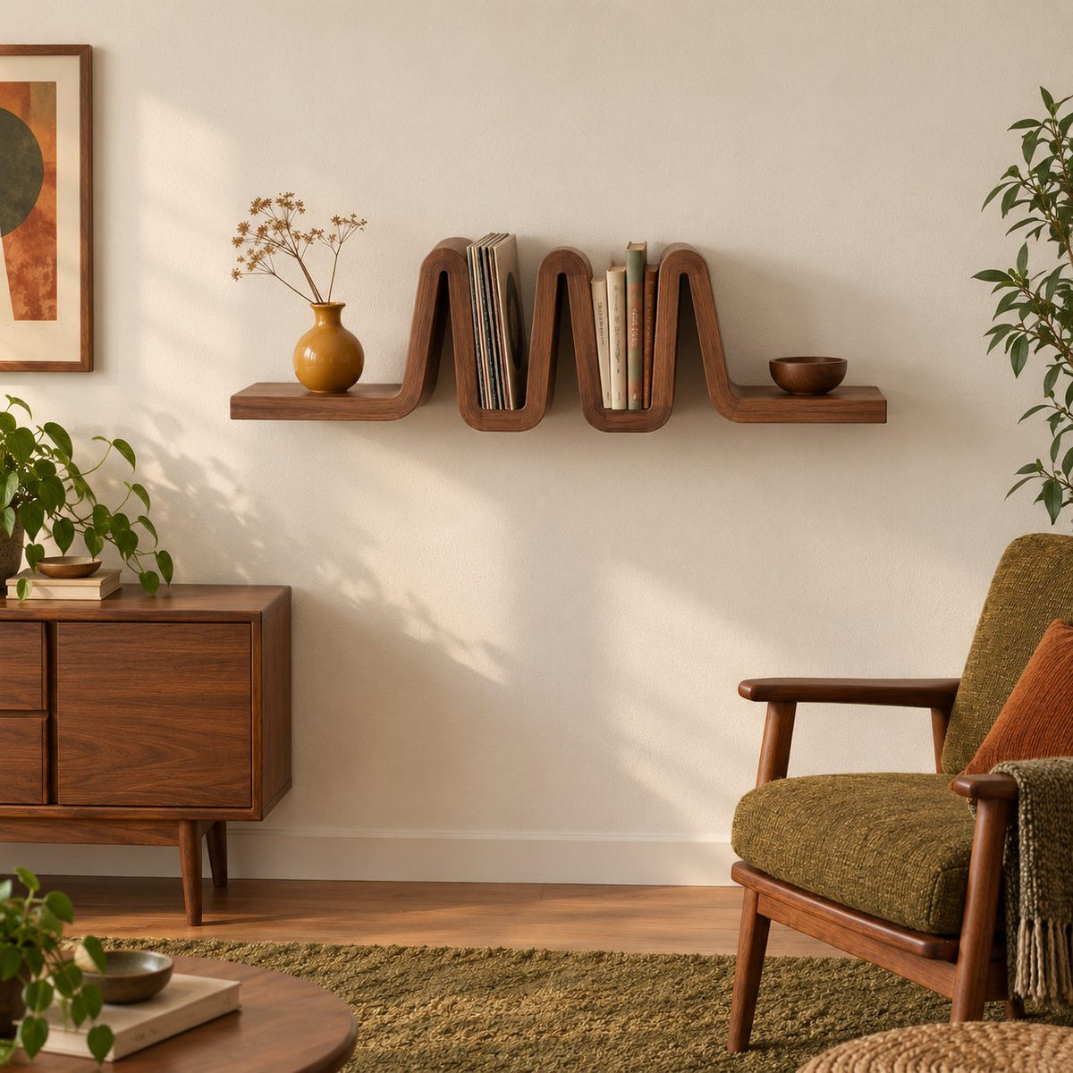 Vinyl Record Wall Shelf, Ribbon Fold Floating Shelf with Book Slots, Solid Wood Mid Century Display