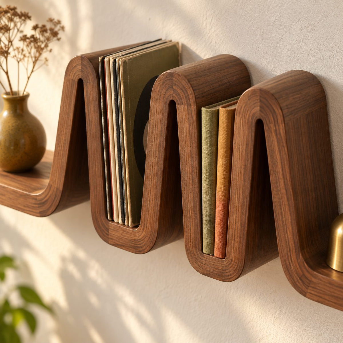 Vinyl Record Wall Shelf, Ribbon Fold Floating Shelf with Book Slots, Solid Wood Mid Century Display