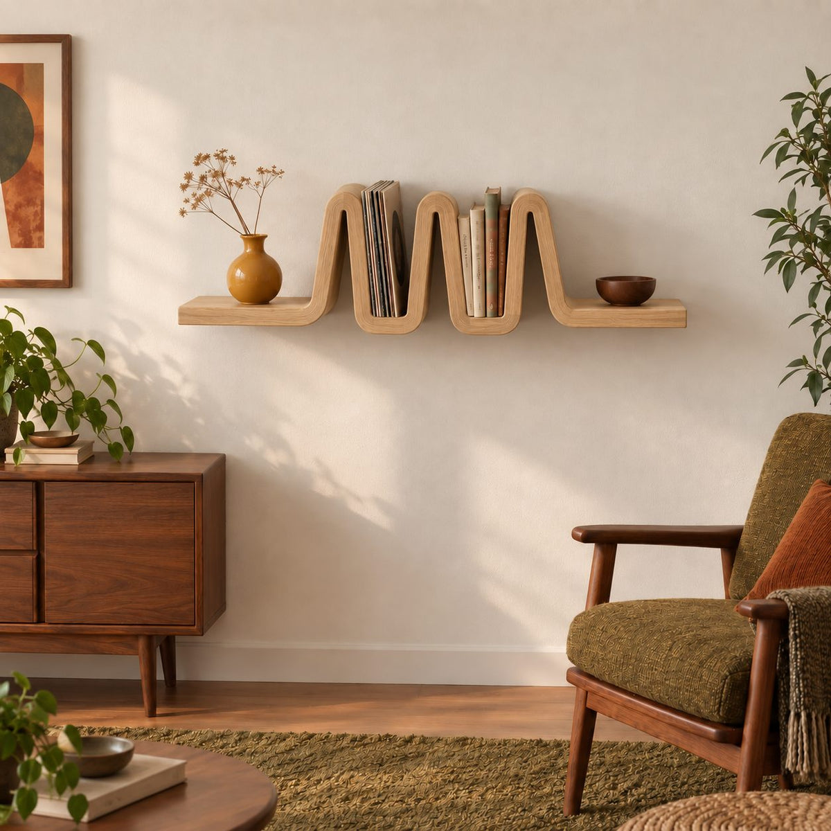 Vinyl Record Wall Shelf, Ribbon Fold Floating Shelf with Book Slots, Solid Wood Mid Century Display