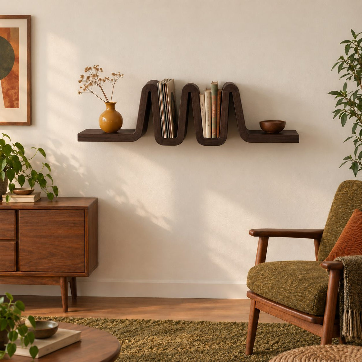 Vinyl Record Wall Shelf, Ribbon Fold Floating Shelf with Book Slots, Solid Wood Mid Century Display