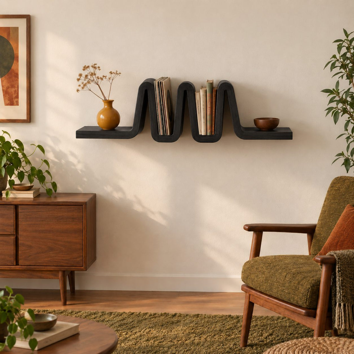 Vinyl Record Wall Shelf, Ribbon Fold Floating Shelf with Book Slots, Solid Wood Mid Century Display