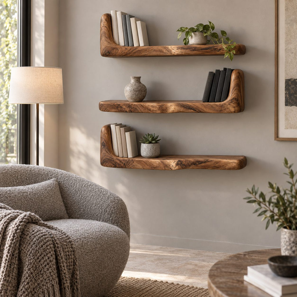 Bookend Floating Shelf, Thick Live Edge Wall Shelf with Raised End, Solid Wood Chunky Bookshelf