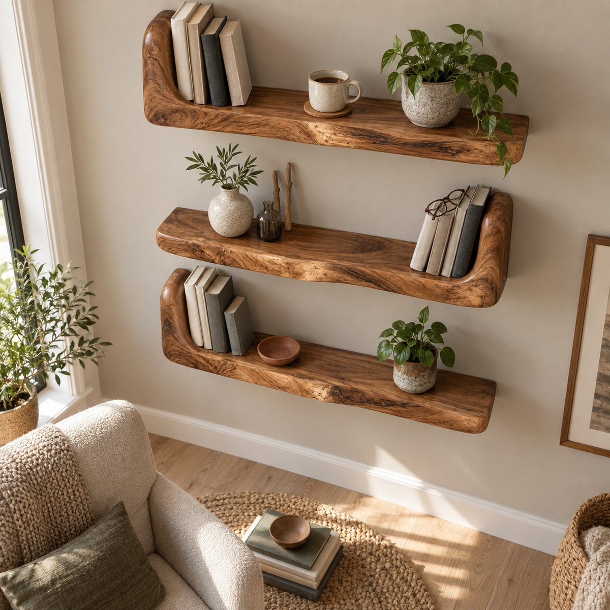 Bookend Floating Shelf, Thick Live Edge Wall Shelf with Raised End, Solid Wood Chunky Bookshelf