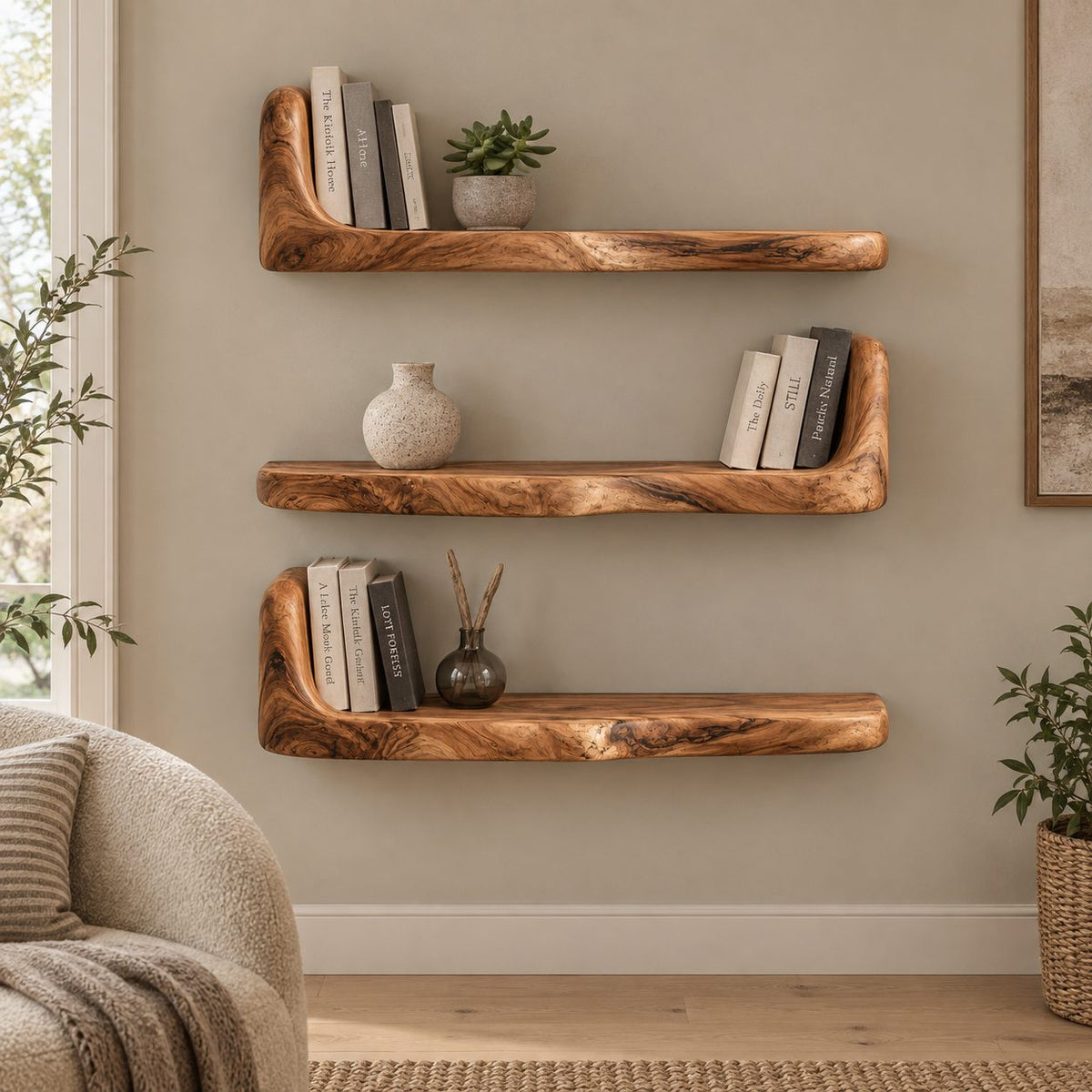Bookend Floating Shelf, Thick Live Edge Wall Shelf with Raised End, Solid Wood Chunky Bookshelf