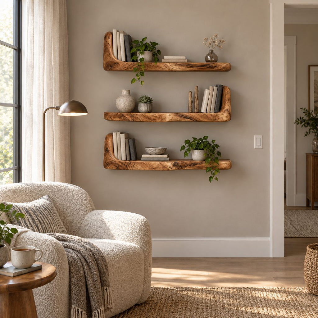 Bookend Floating Shelf, Thick Live Edge Wall Shelf with Raised End, Solid Wood Chunky Bookshelf
