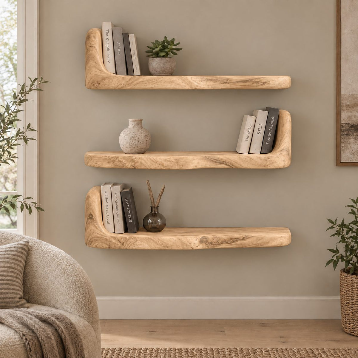 Bookend Floating Shelf, Thick Live Edge Wall Shelf with Raised End, Solid Wood Chunky Bookshelf
