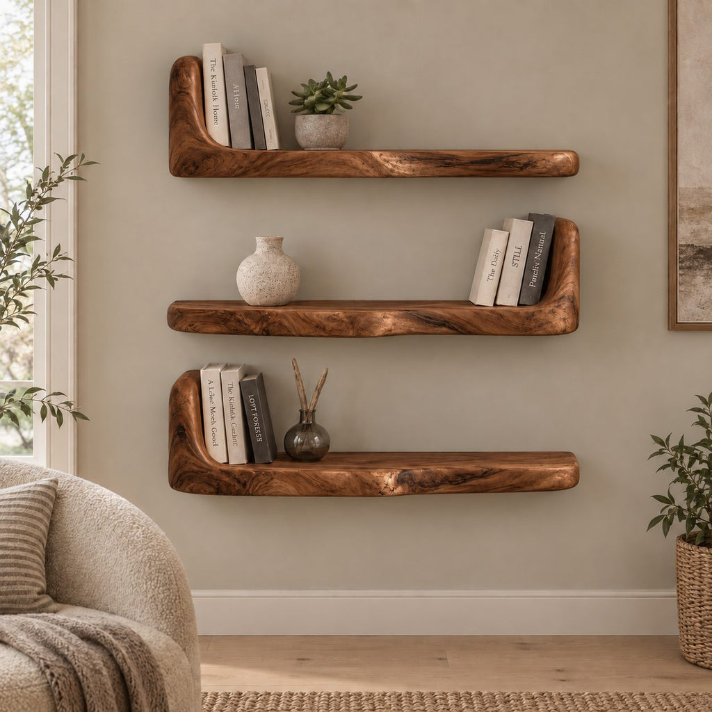 Bookend Floating Shelf, Thick Live Edge Wall Shelf with Raised End, Solid Wood Chunky Bookshelf