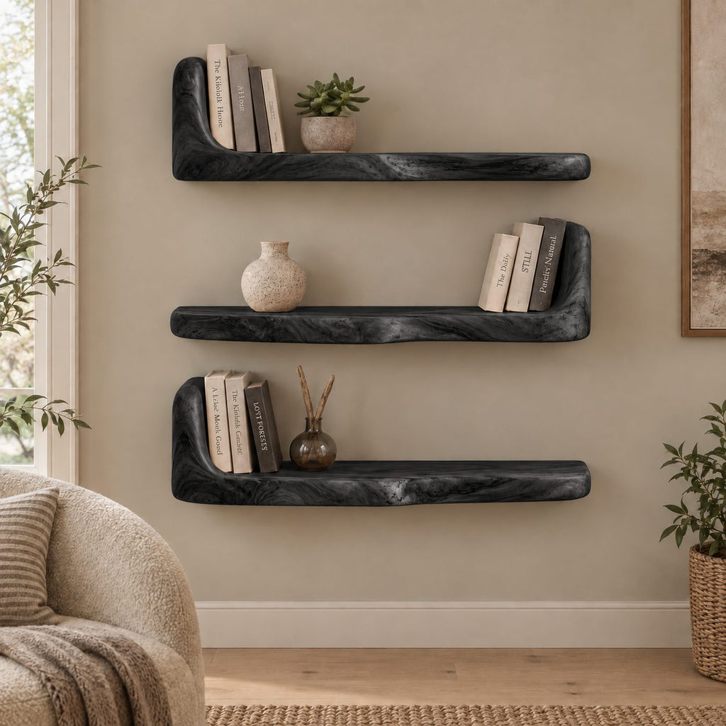 Bookend Floating Shelf, Thick Live Edge Wall Shelf with Raised End, Solid Wood Chunky Bookshelf
